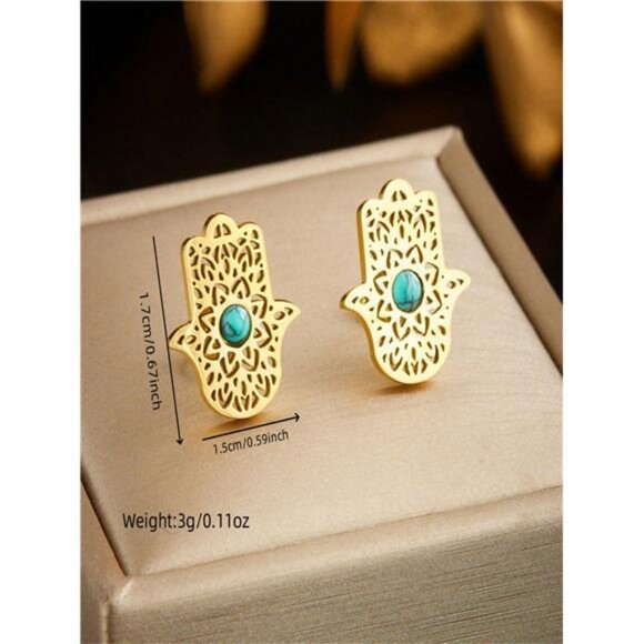 1set Gold-Plated Hamsa Hand Turquoise Pendant Necklace Set - Picture 4 of 5